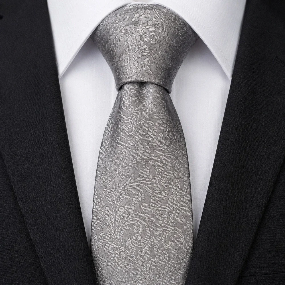 Silver Grey Paisley Floral 100% Silk Jacquard Woven Mens Necktie Regencycore